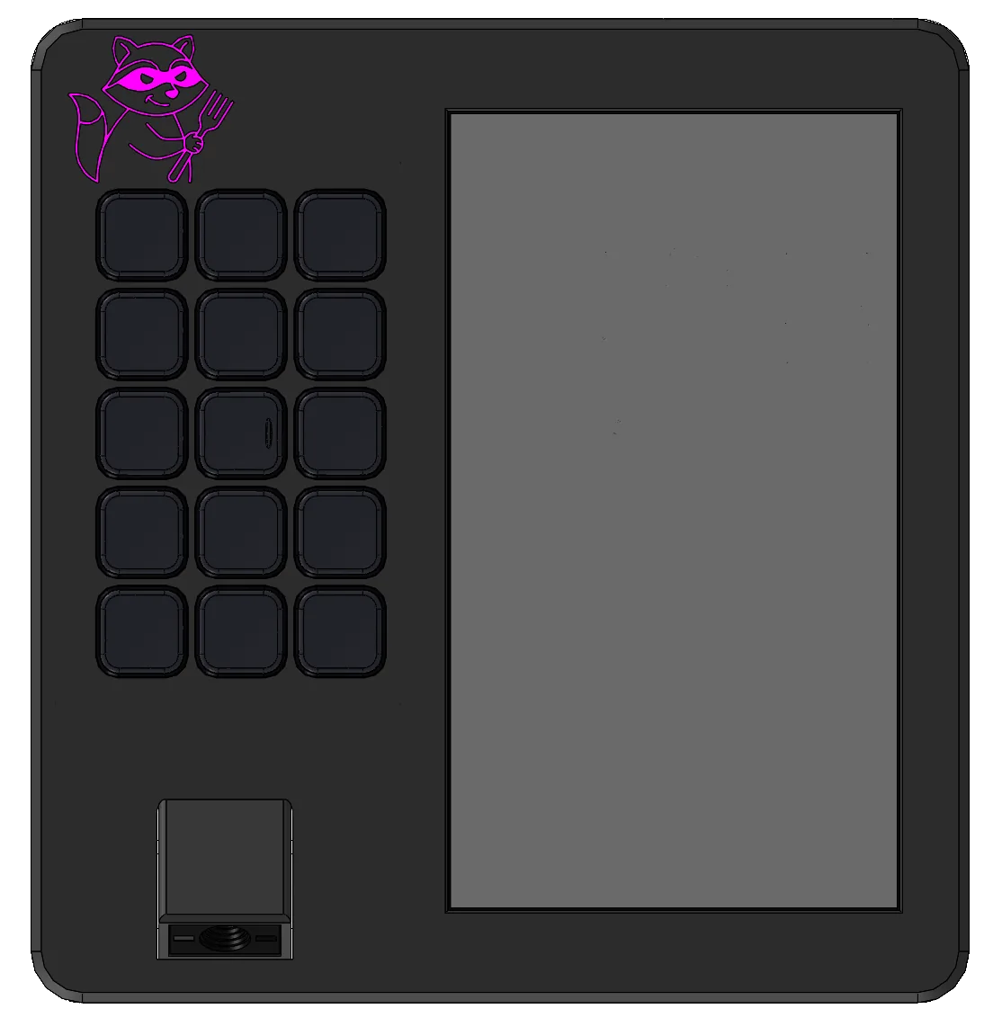 Front view of the Bandit appliance prototype with touchscreen, 15-key control pad, and integrated barcode scanner