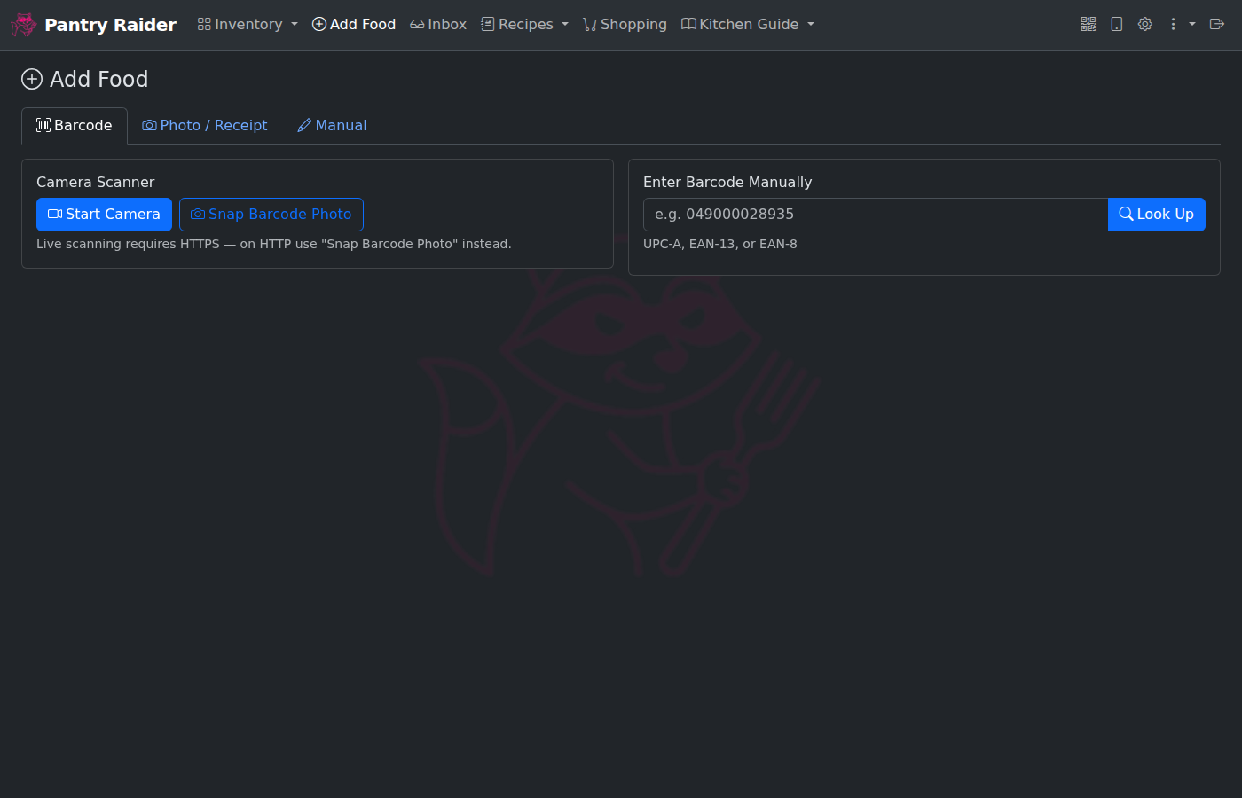 Add item screen with barcode scan, photo analysis, and manual entry