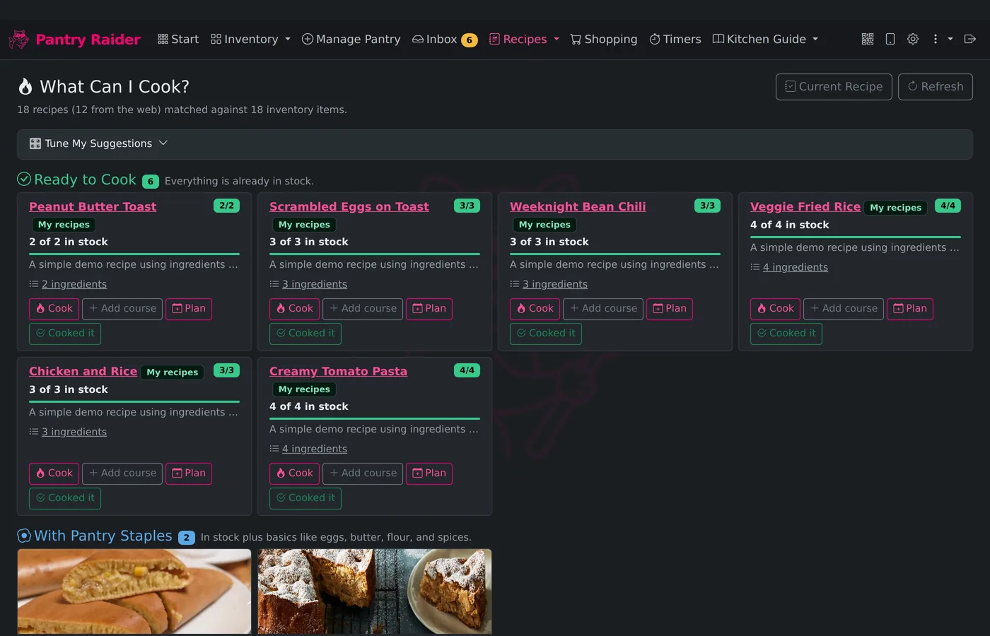 Recipe suggestions ranked by what is in stock