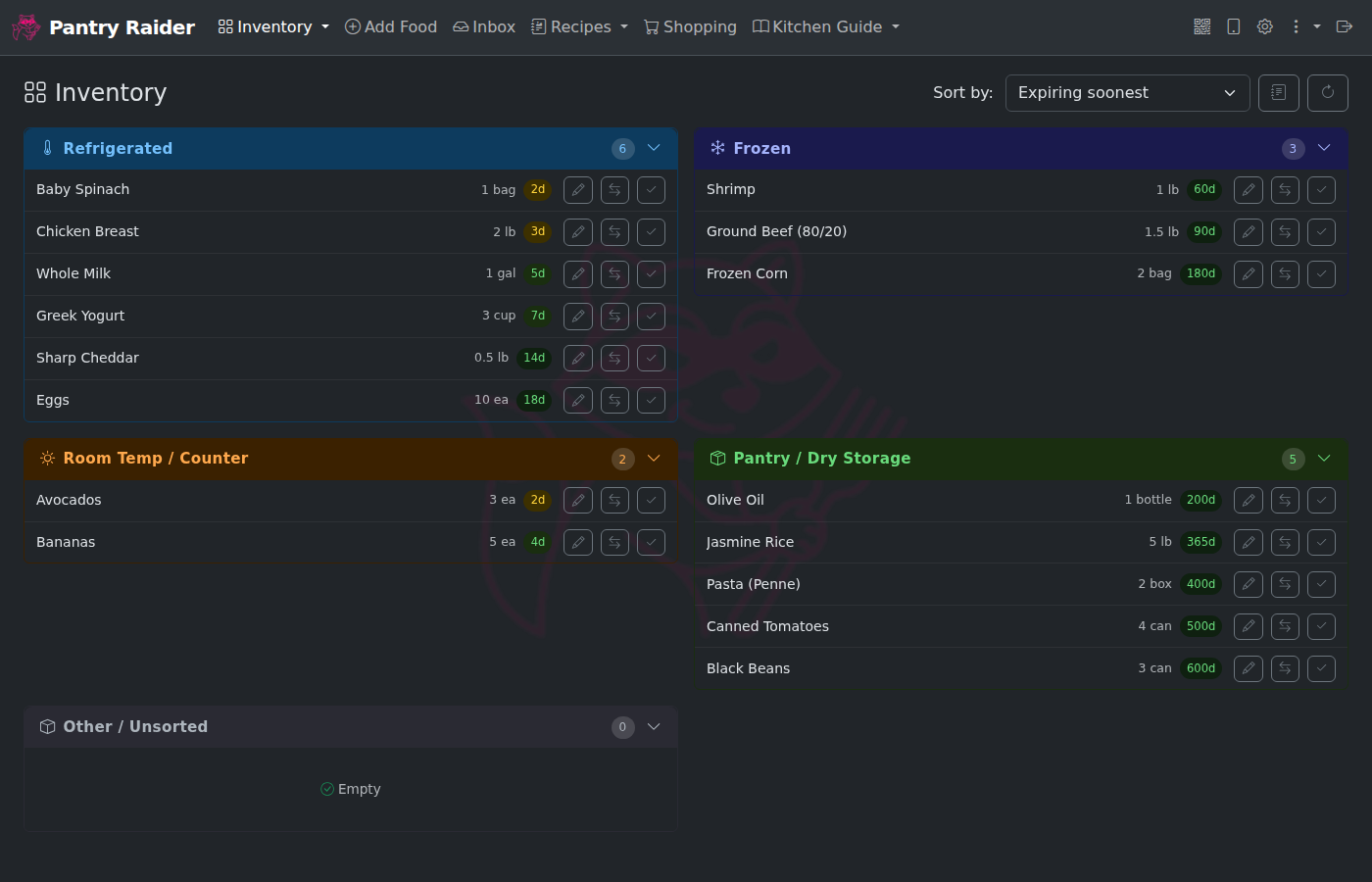 Inventory dashboard with four storage panels and expiry badges