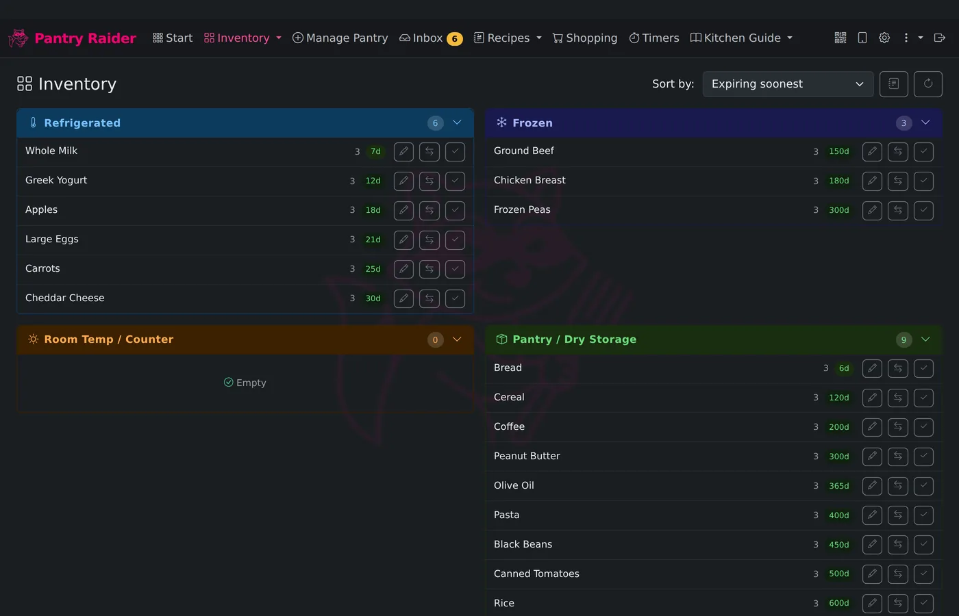 Inventory dashboard with four storage panels and expiry badges