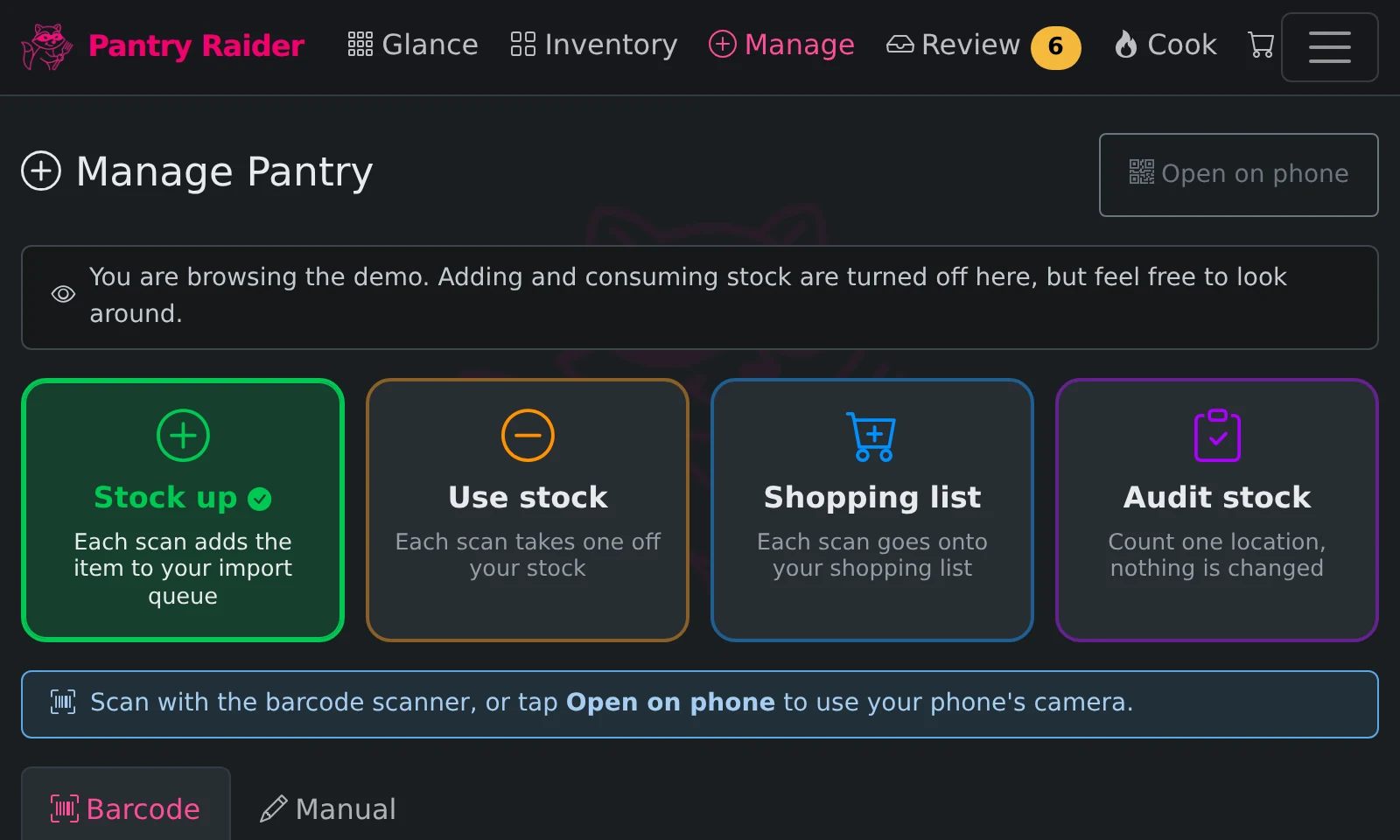 Manage Pantry with the four colored scan-mode tiles