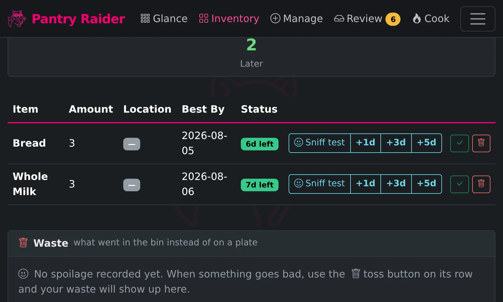 The Expiring list with sniff test buttons, one-tap toss, and the waste summary