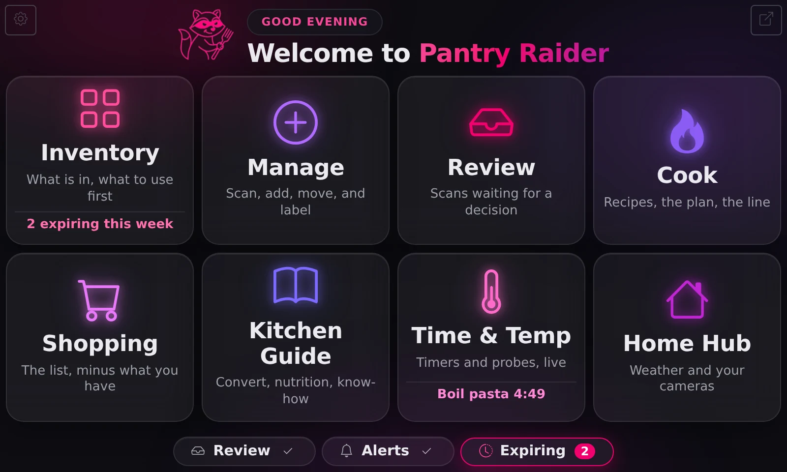 The Glance home screen with big option cards, live status pills, and a running timer