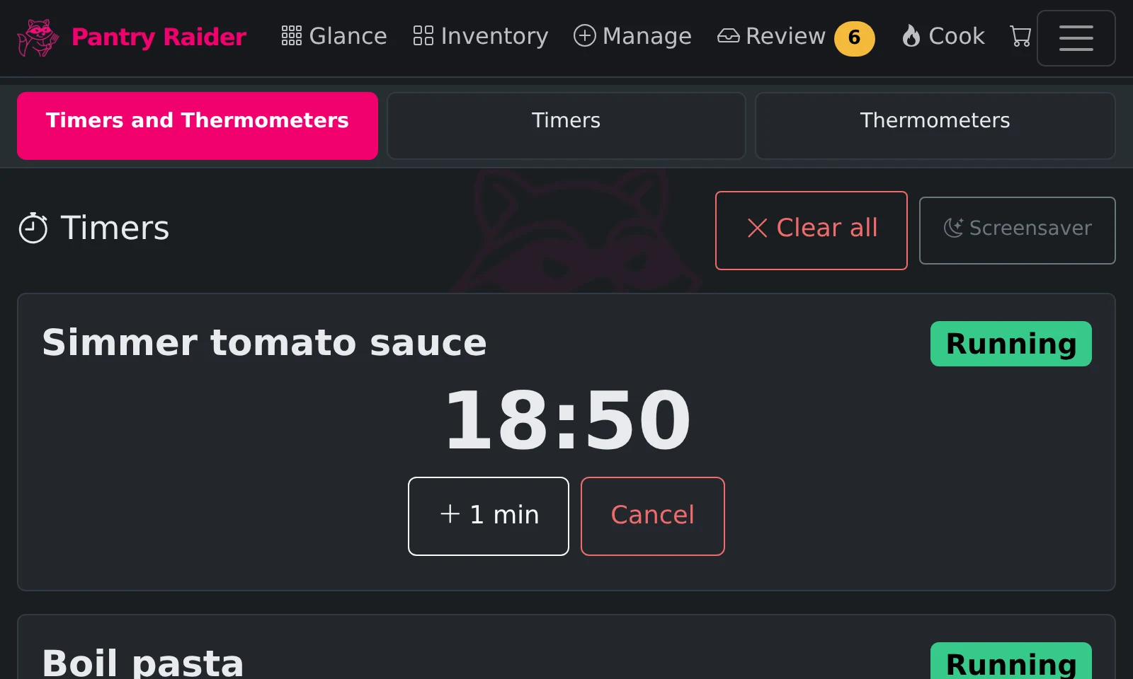 The Timers page with two running kitchen timers