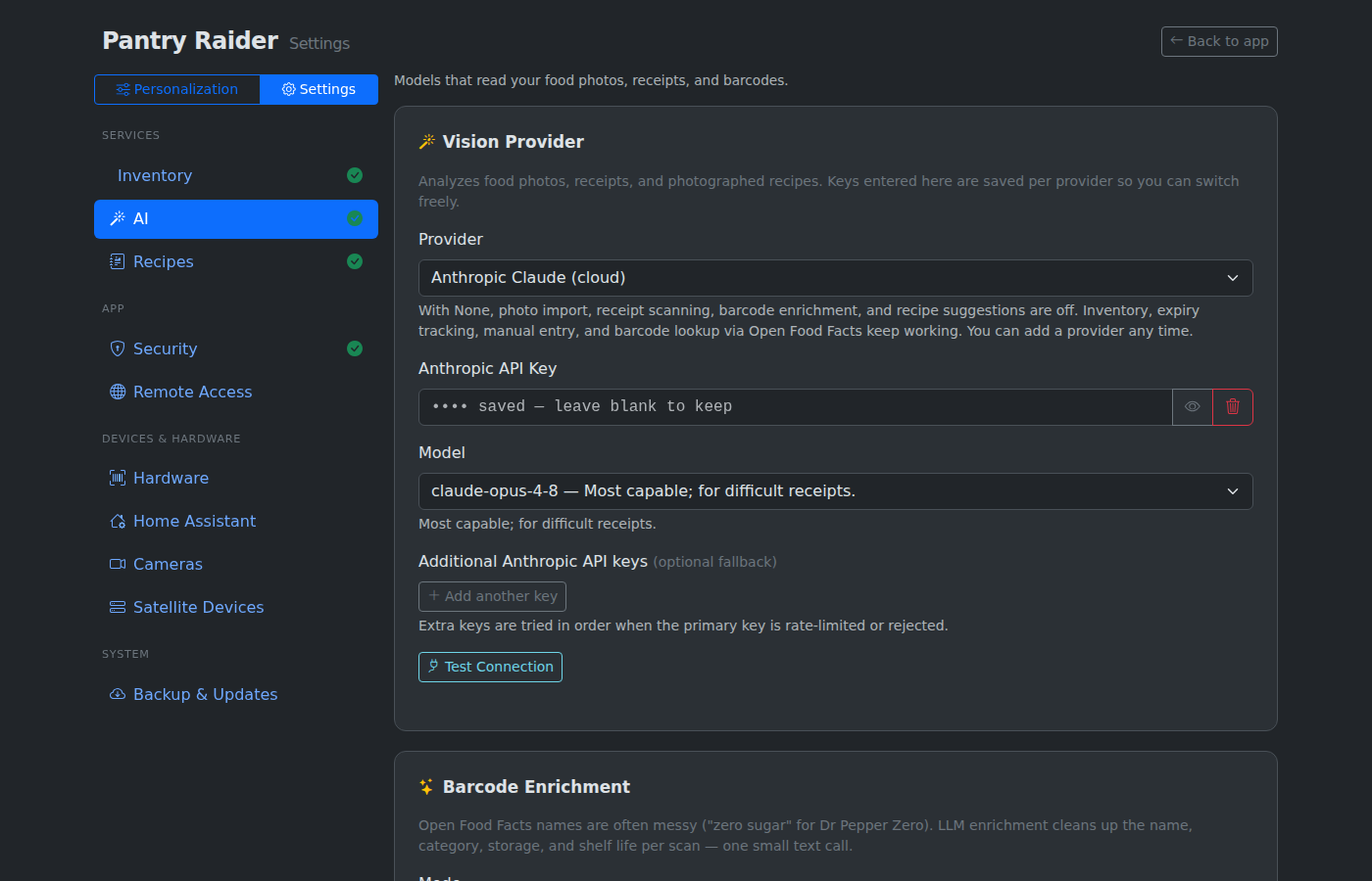 Settings page with AI provider configuration
